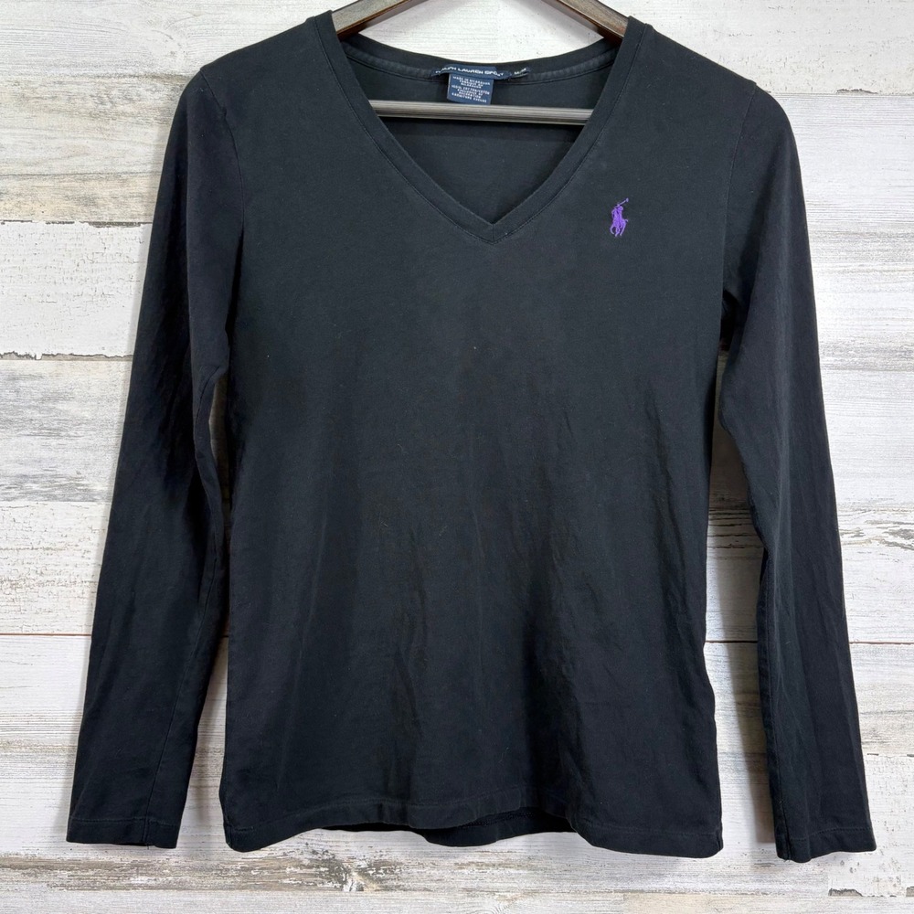 Ralph Lauren Sport Womens Black V-Neck Long Sleeve Cotton Tee Purple Pony Size M